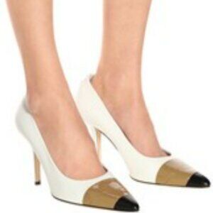Burberry ALF Annalise 90 Patent Leather Pump White/Tan/Black Cap Toe NWT/NIB
